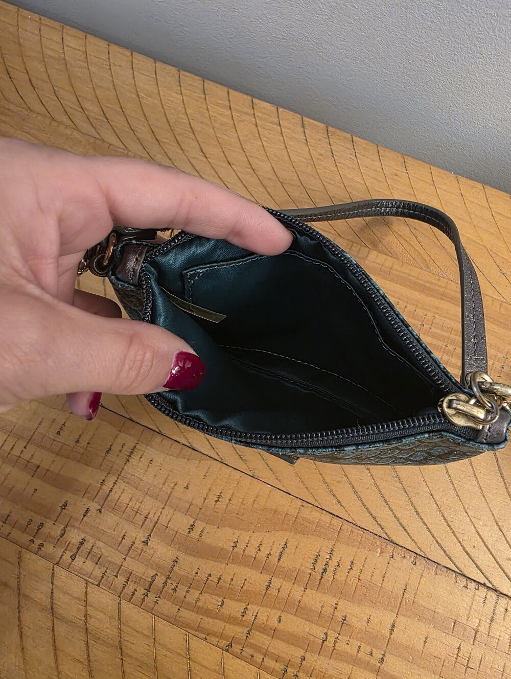 Coach Teal Snake Patterned Nylon Wristlet - Picture 5 of 8